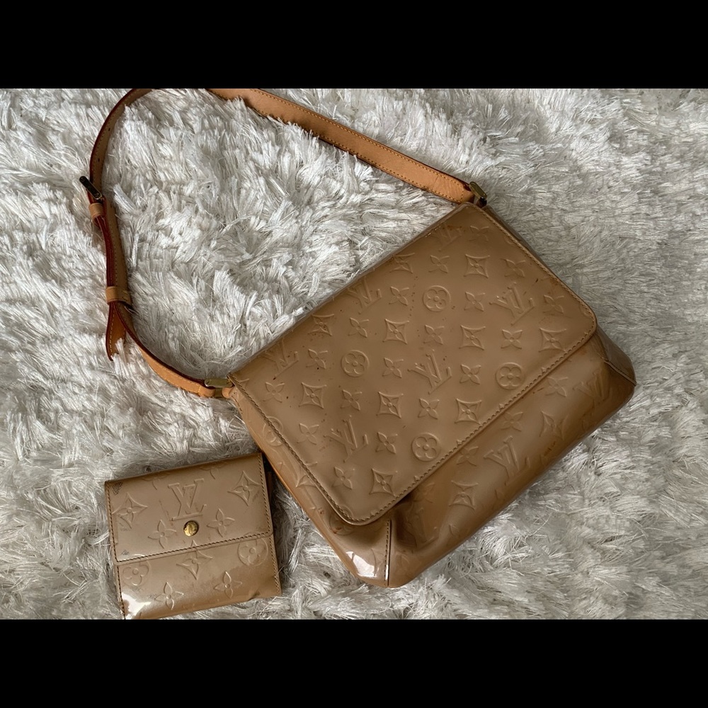 paten leather tan LV handbag and coin wallet
